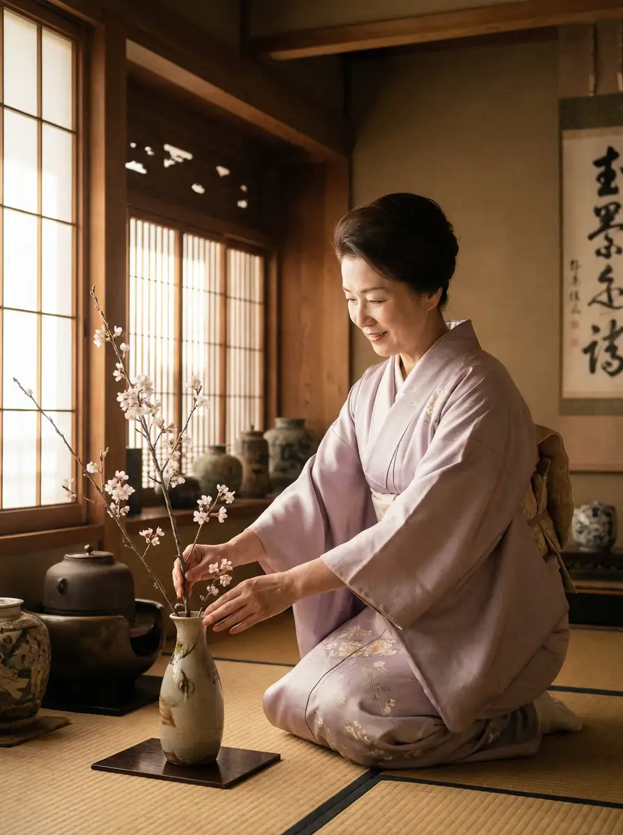 一位优雅的 金铲铲之战幽魂法师 在和室中插花